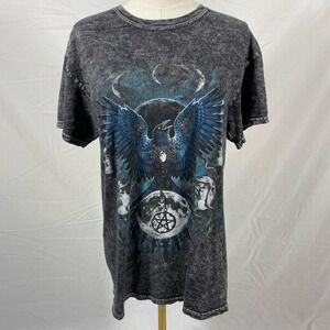 Grey t shirt crow pentacle moons size large grunge witchy dark